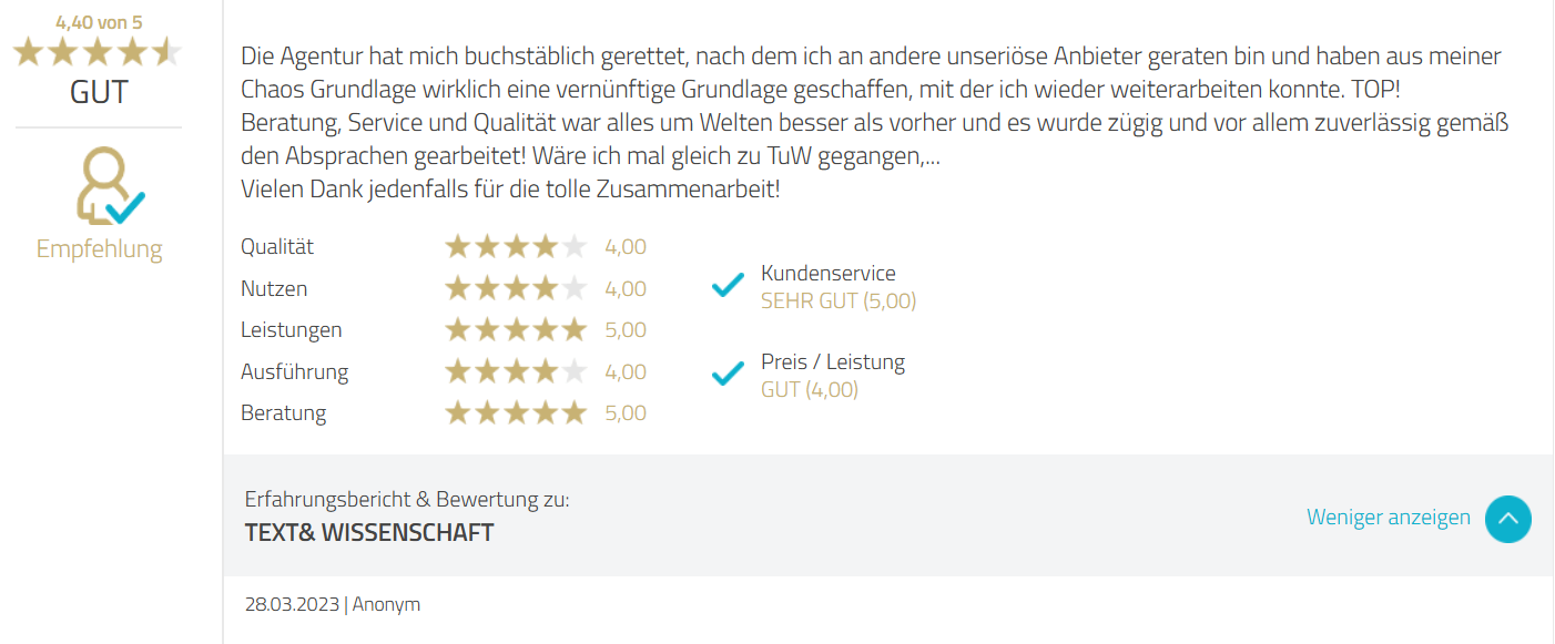 Text und Wissenschaft Positve Erfahrungen - 4